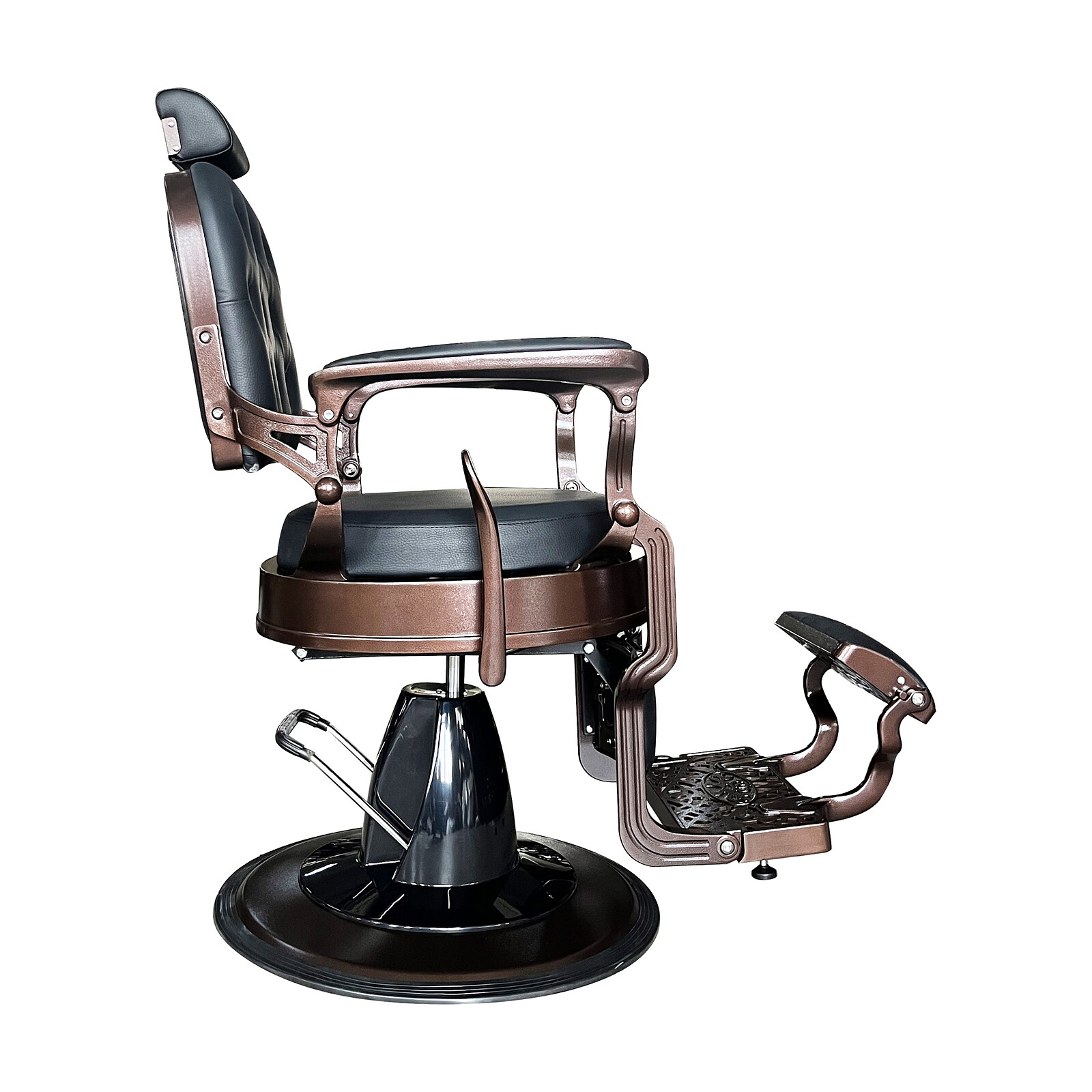 Jagger Premium Barber Chair | Black Bronze โ Rapple Side view of a vintage brown metal barber chair with black cushions and a footrest.