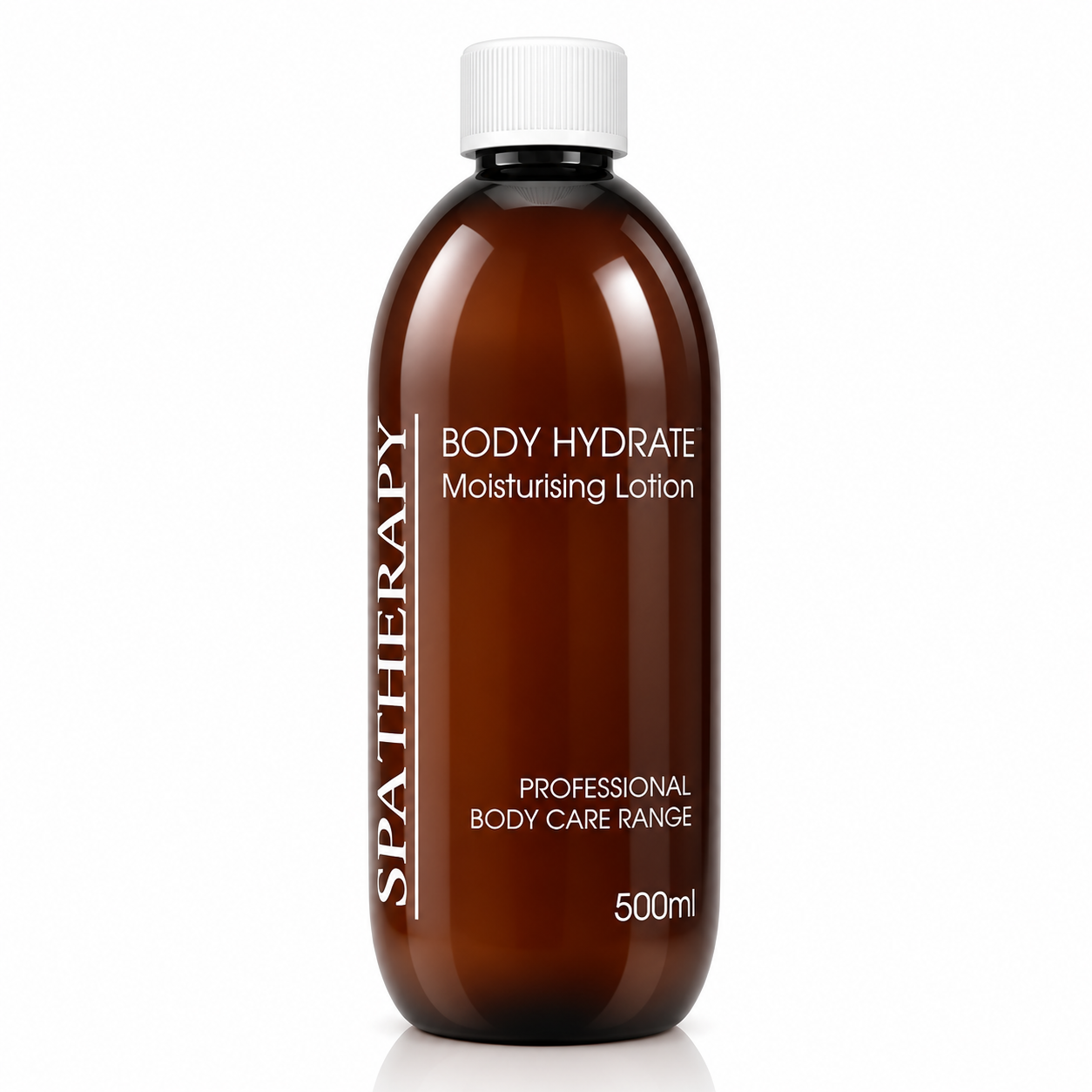 Body hydrate moisturising lotion โ Rapple Brown glass lotion bottle with white cap, labeled SpaTherapy Body Hydrate Moisturising Lotion, 500ml