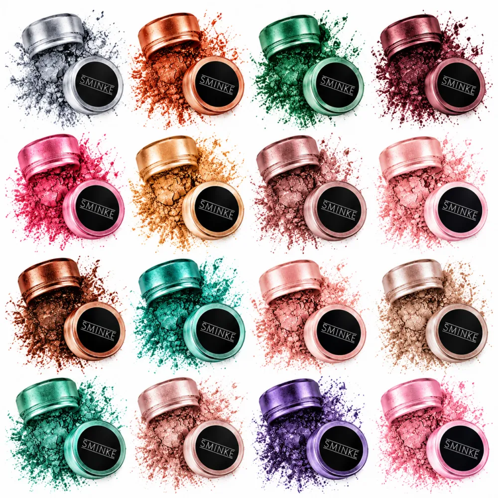 Grid of Sminke loose powder containers in metallic colors with crushed pigment on white background (4x5 pattern).