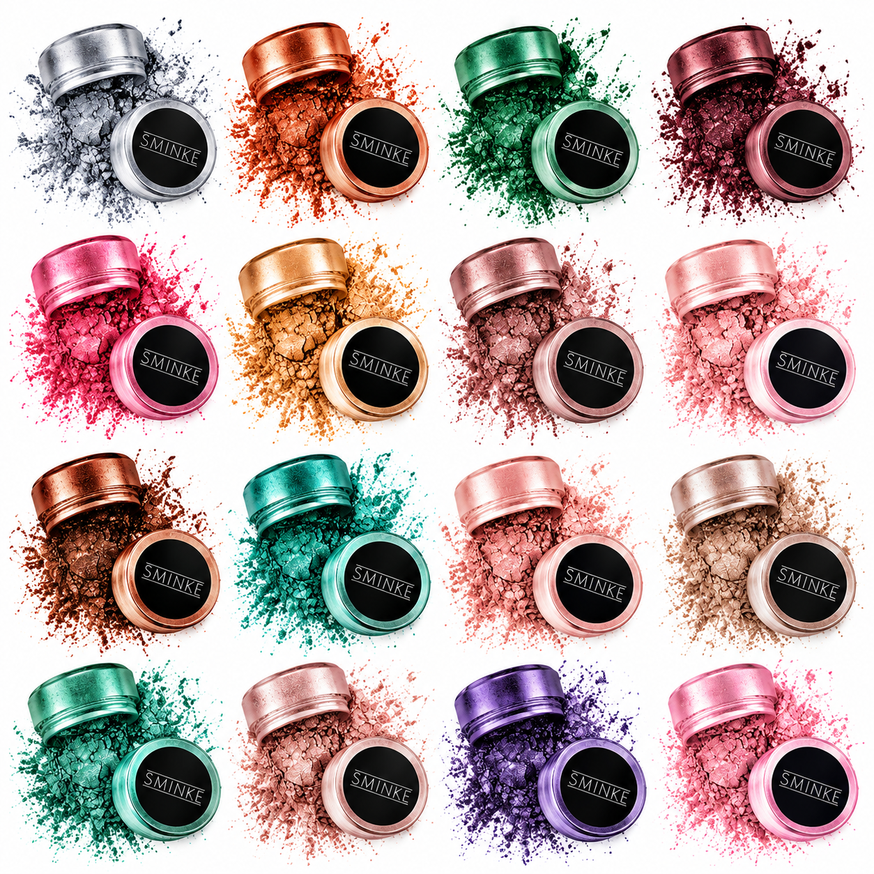 Smink Sparkle Dust โ Rapple Grid of Sminke loose powder containers in metallic colors with crushed pigment on white background (4x5 pattern).