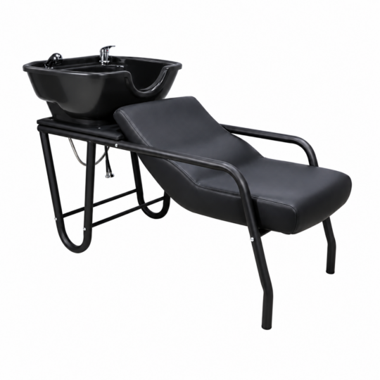Black salon shampoo chair with an integrated sink and cushioned reclining seat on a metal frame.