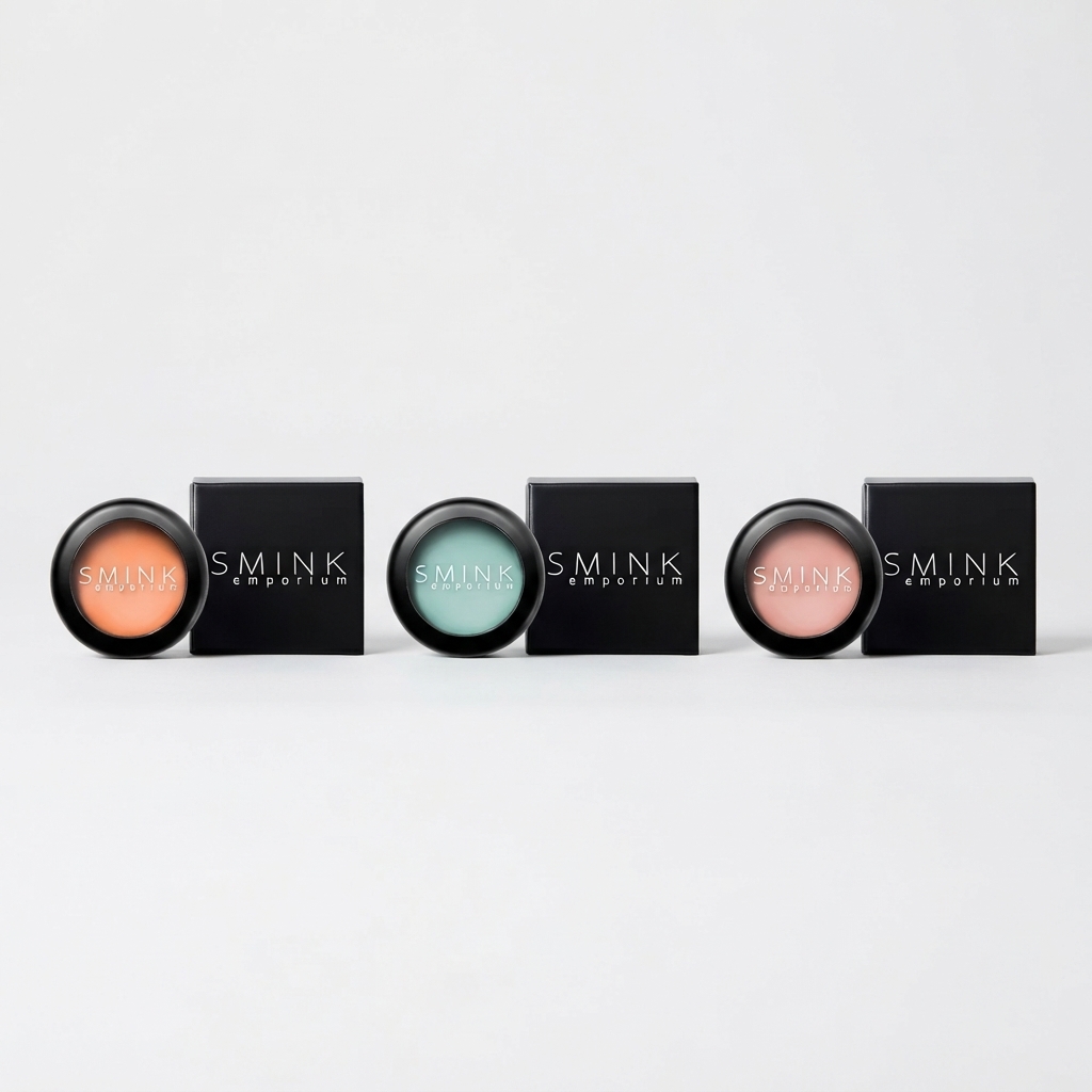 Gemini_Generated_Image_6rpqvg6rpqvg6rpq โ Rapple Row of four circular makeup pots with pastel shades (peach, mint, teal, pink) beside black SMINK Emporium boxes, arranged in a line on a white background.