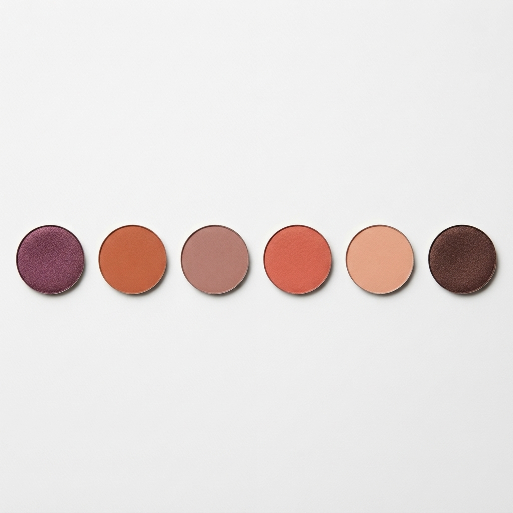 Smink Blushers โ Rapple Row of six round makeup color swatches: purple, orange, taupe, coral, peach, and dark brown/purple tones on a white background.