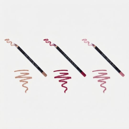 Three lip liner pencils diagonally arranged with swatch lines in beige, red, and pink shades on a white background.