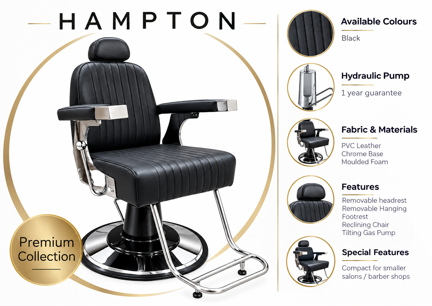 Hampton Barber chair 1 – Rapple Black leather barber chair with chrome base centered in a white layout, gold circular accents, and a 'Premium Collection' badge bottom left.