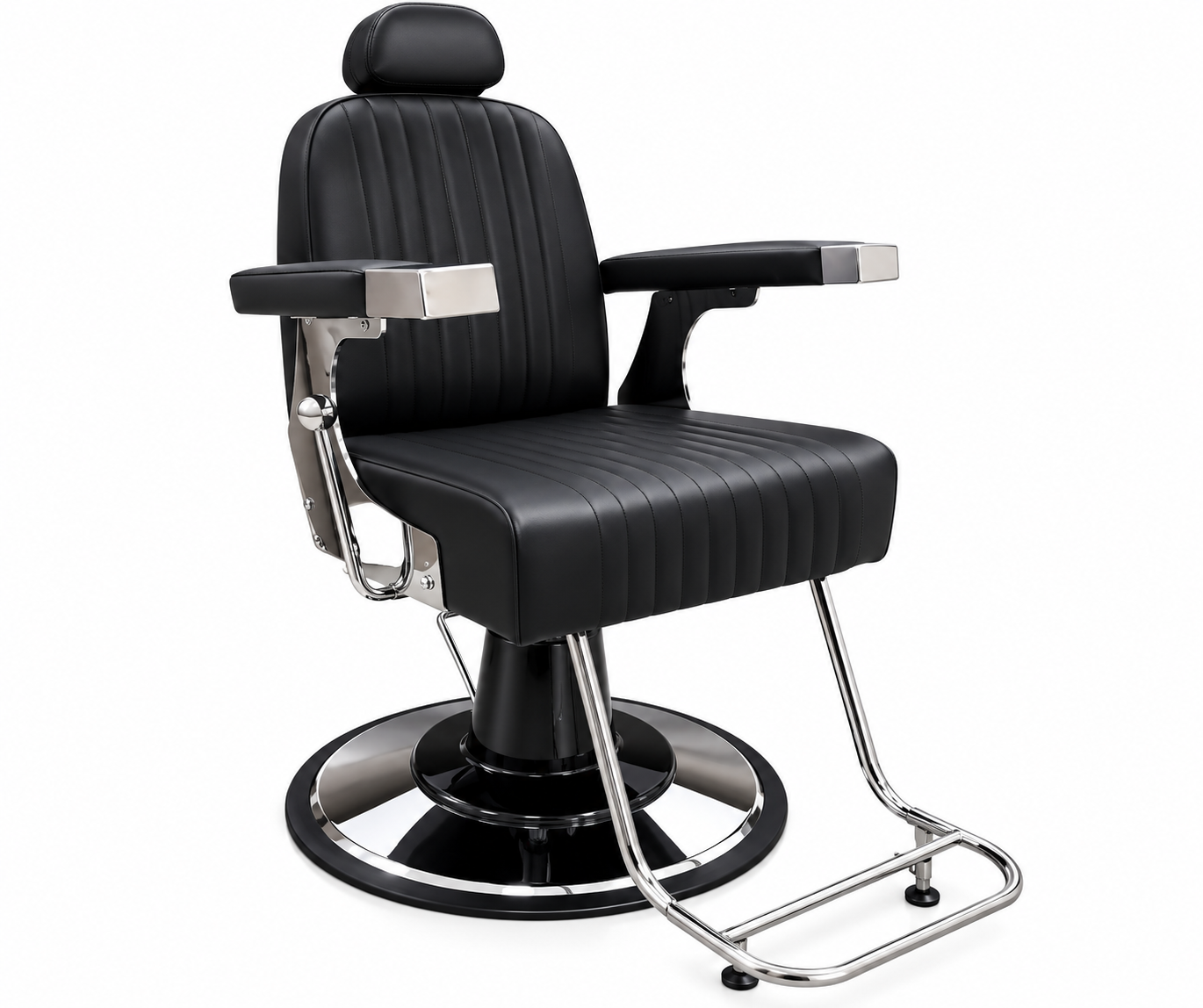 Hampton barber chair – Rapple Black leather barber chair with a chrome frame, padded back and seat, headrest, and a circular chrome base with a footrest area