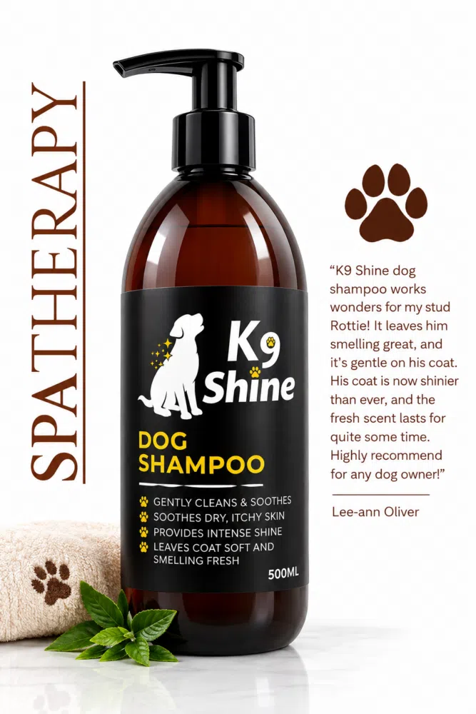 K9 Shine dog shampoo bottle with pump dispenser and black label, white dog graphic, and yellow text reading DOG SHAMPOO, set with a towel and leaves nearby.