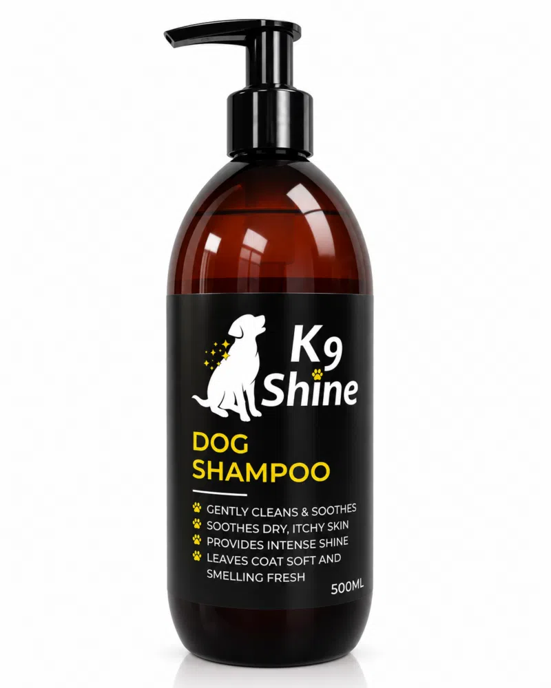 Brown pump bottle of K9 Shine Dog Shampoo with black label and white dog silhouette; yellow 'DOG SHAMPOO' text visible on label, 500 ml.