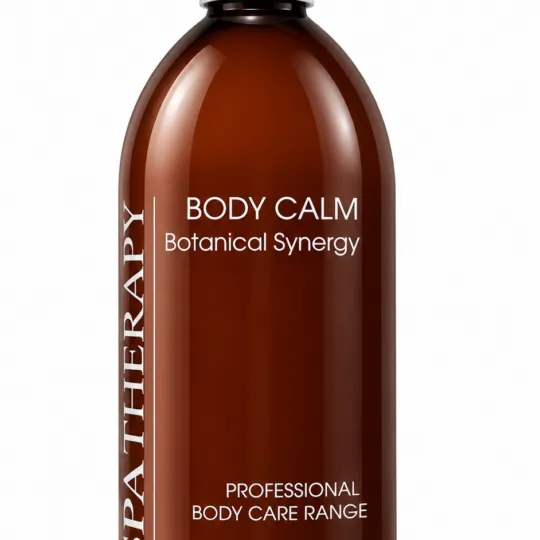 Brown pump bottle labeled 'BODY CALM Botanical Synergy' from Spa Therapy, Professional Body Care Range, 500 ml.