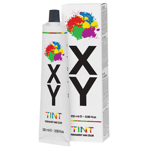 xy-tints – Rapple Tube and box of XY permanent hair color with rainbow splash logo and large X and Y lettering; 100 ml