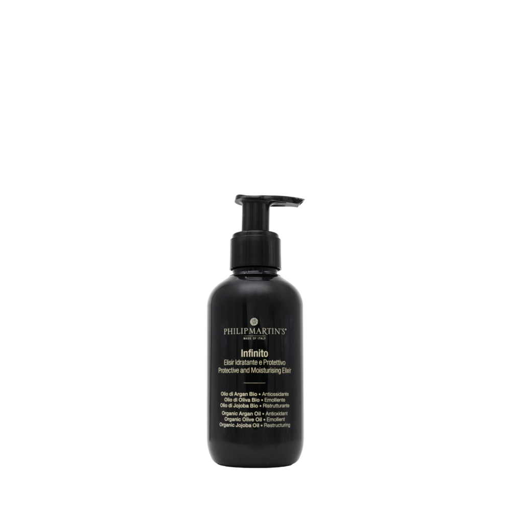 Philip Martin's dark bottle with a pump dispenser, close-up of the label showing it’s made in Italy and a list of natural oils (hair care product).