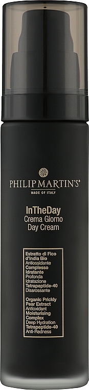 InTheDay Philip Martins – Rapple Black bottle of Philip Martin's InTheDay Day Cream with a clear cap; label reads 'InTheDay Crema Giorno Day Cream' and lists ingredients on a small panel.