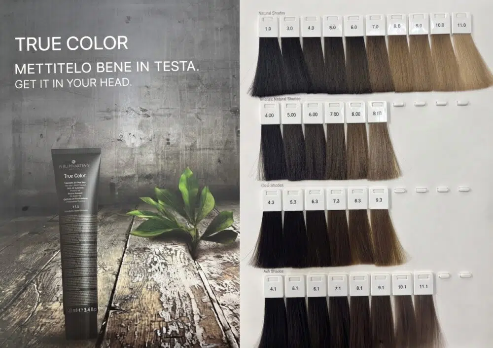 Brand ad for True Color hair dye: tube on a weathered wooden surface with a green plant, plus a right-side chart of hair shade swatches.