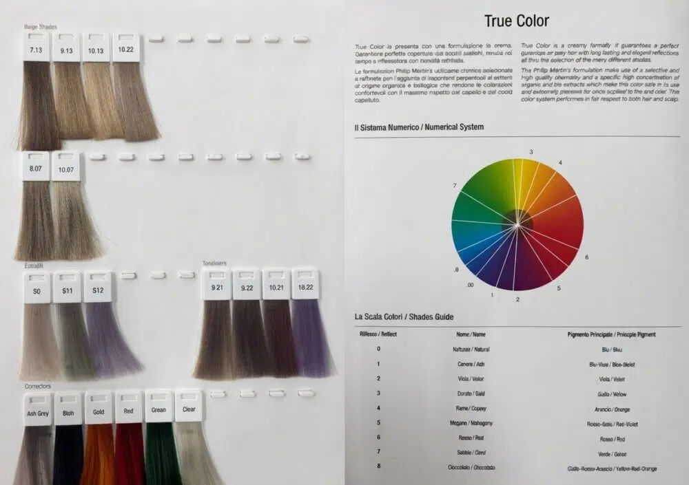Hair color swatch book open with labeled sample strands and shade numbers on the left, and a color wheel with a guide on the right.