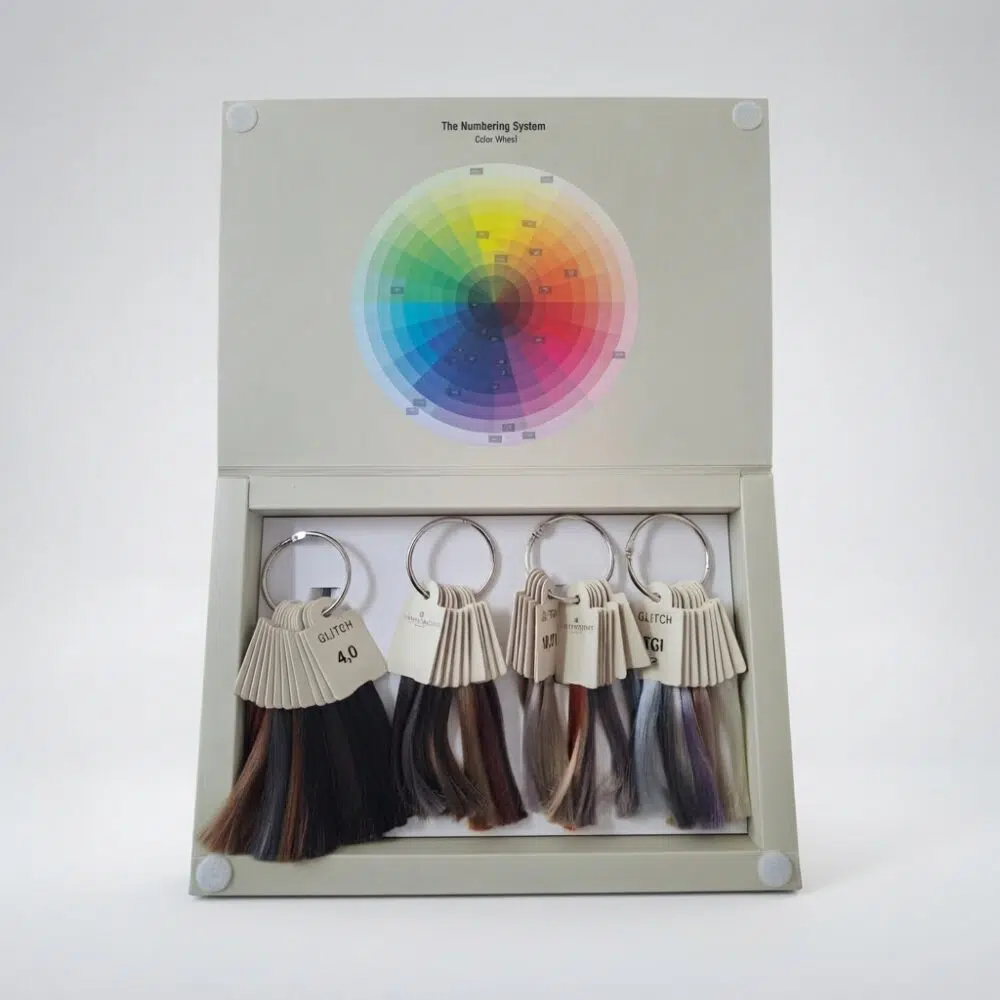 Color wheel poster mounted above a display of labeled color swatch tassels arranged by shade on rings in a pale case.