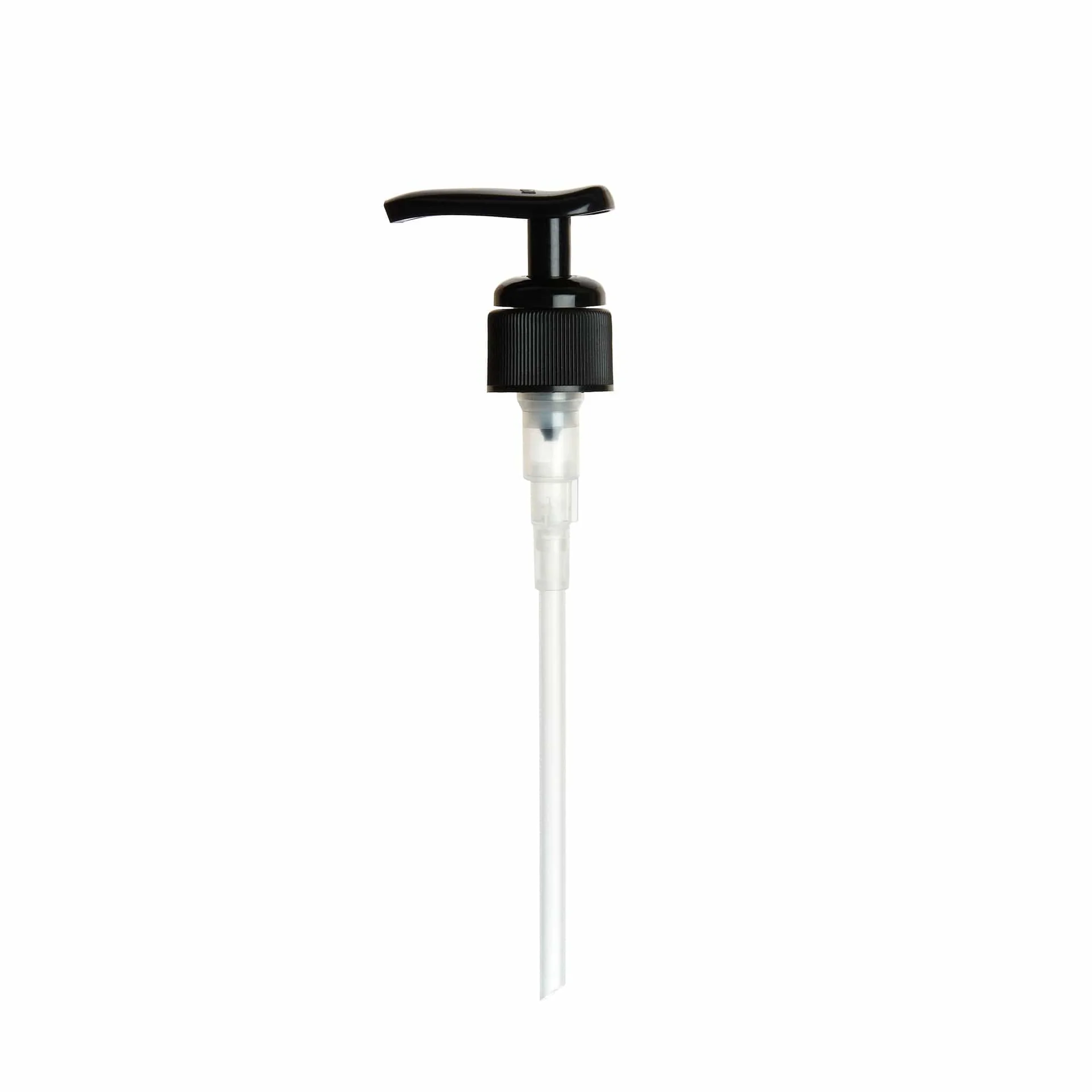bottle pump dispenser โ Rapple Black pump dispenser atop a clear bottle, isolated on white background, showing the nozzle ready to dispense liquid.