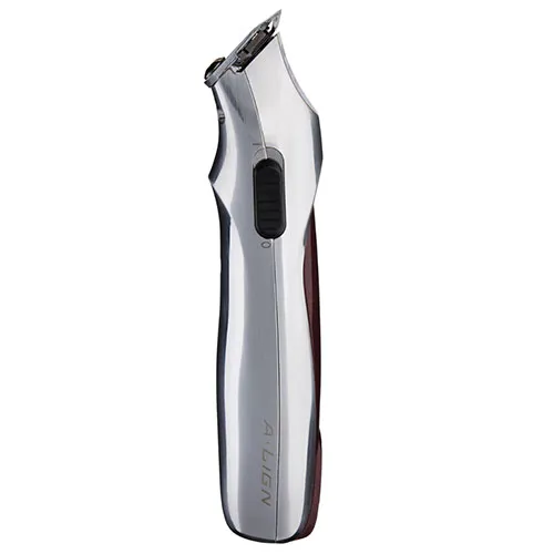 Cordless hair trimmer with a sleek chrome body and black grip, shown from the side.