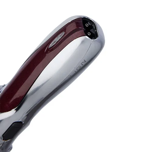 Close-up of a shiny maroon and chrome hair straightener handle on a white background.