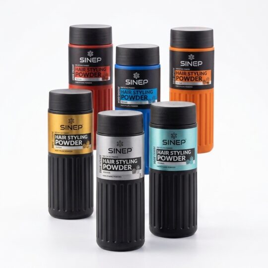 Group of SINEP hair styling powder bottles in various colors arranged on a white background.