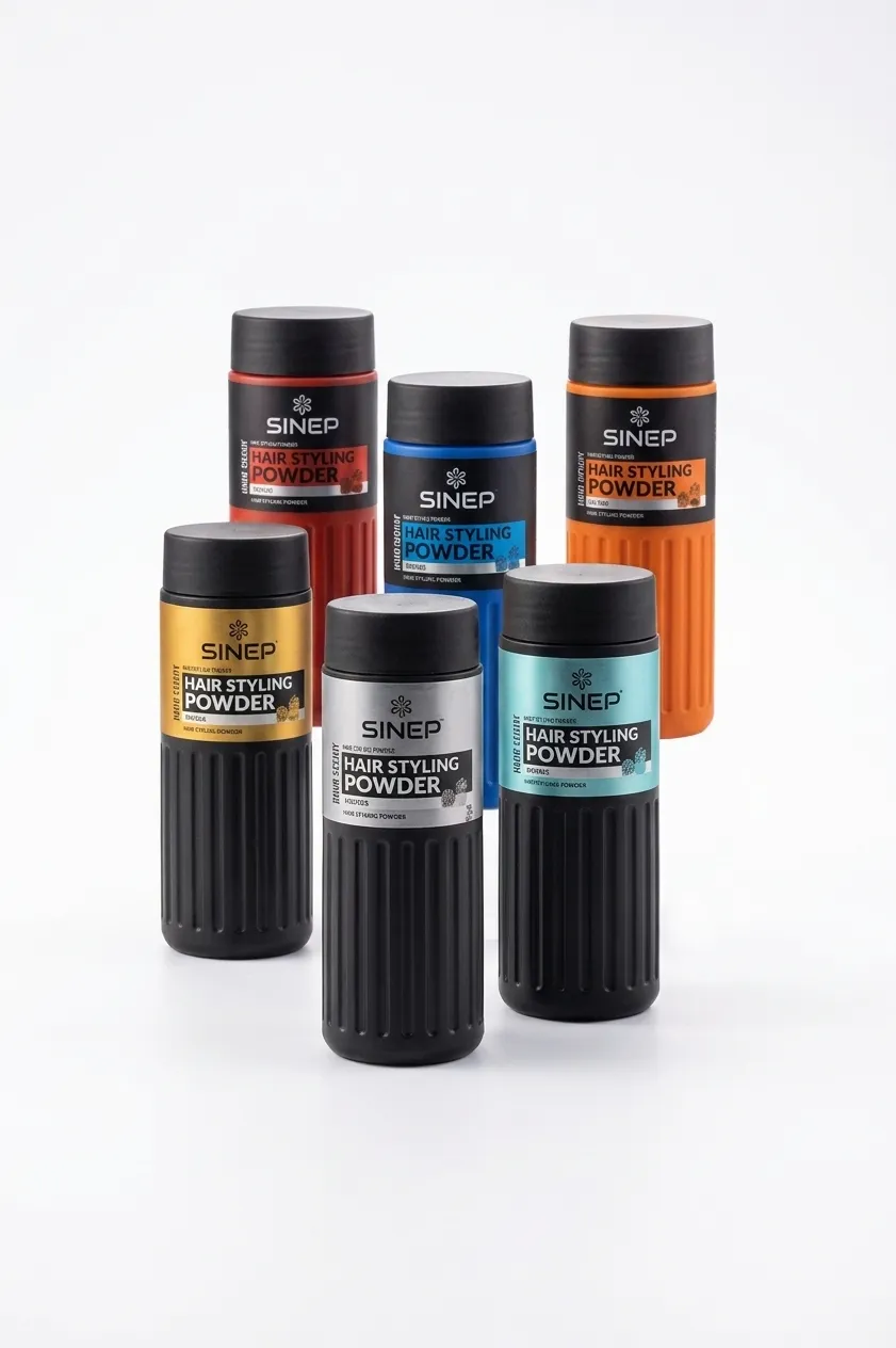 Group of SINEP hair styling powder bottles in various colors arranged on a white background.