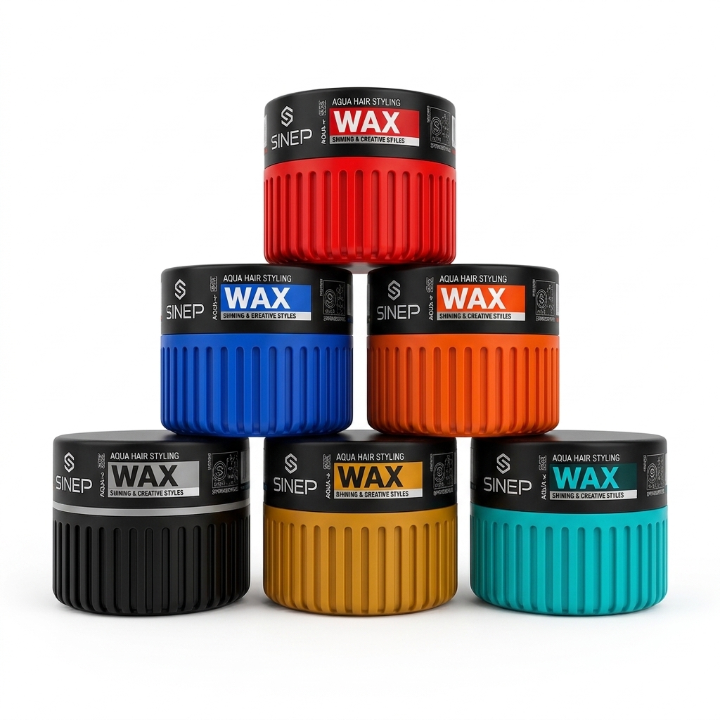 Sinep Hair Wax โ Rapple Stacked jars of SINEP Aqua Hair Styling WAX in red, blue, orange, black, yellow, and teal with ribbed lids on a white background