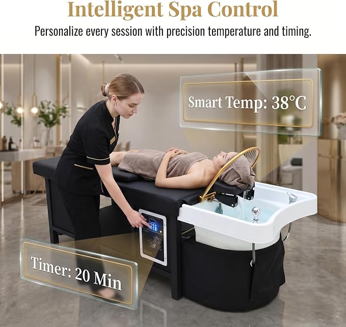 71e0SeBMvSL_AC_SX679_ โ Rapple Therapist adjusting a spa bed with an automated control panel; on-screen readouts show Smart Temp 38ยฐC and a 20-minute timer for a personalized treatment.