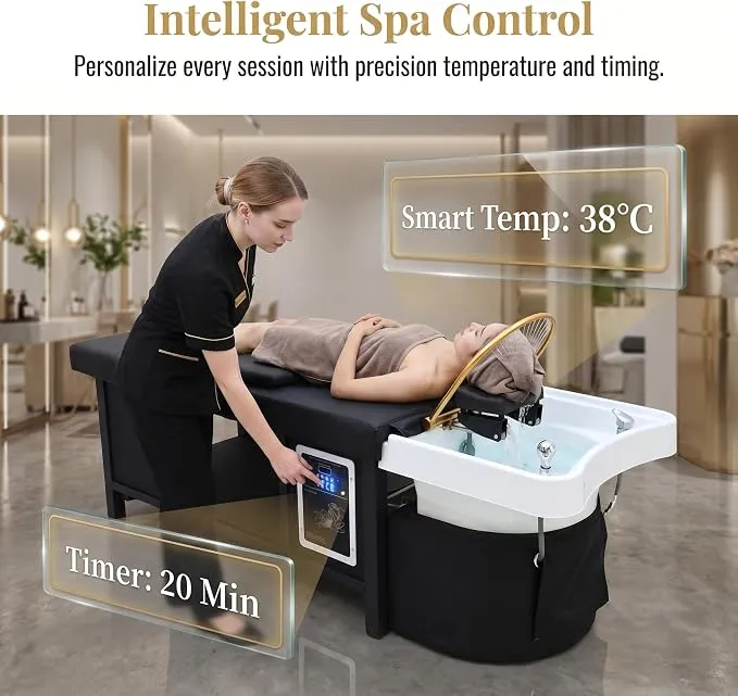 Therapist adjusting a spa bed with an automated control panel; on-screen readouts show Smart Temp 38°C and a 20-minute timer for a personalized treatment.