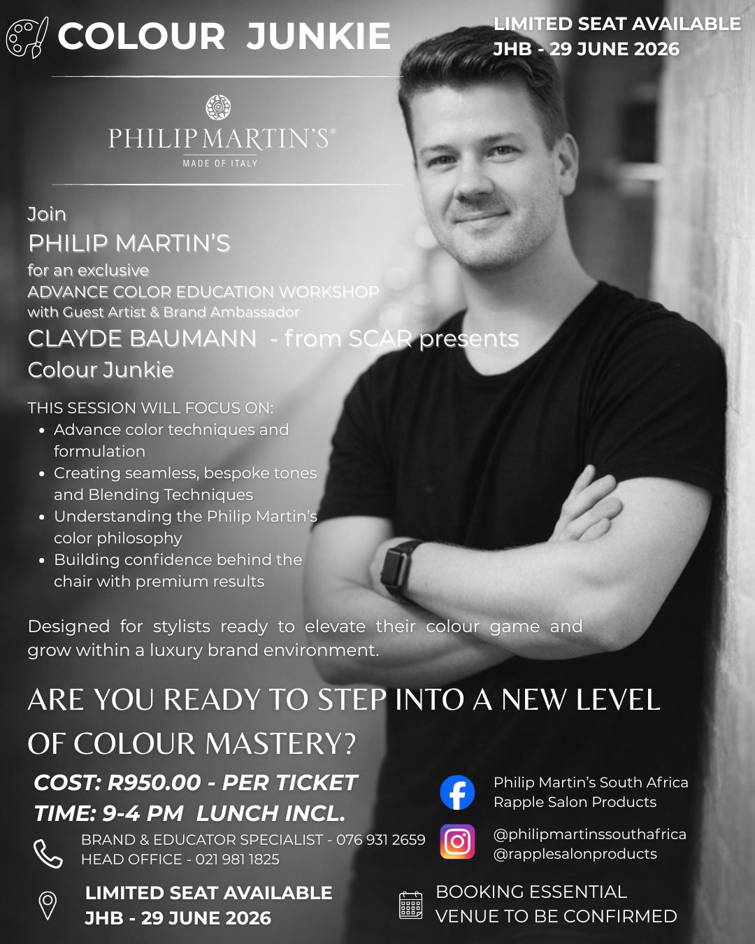 Clayde JHB 29 June – Rapple ADVANCE COLOR EDUCATION WORKSHOP with Guest Artist & Brand Ambassador CLAYDE BAUMANN - from SCAR presents Colour Junkie