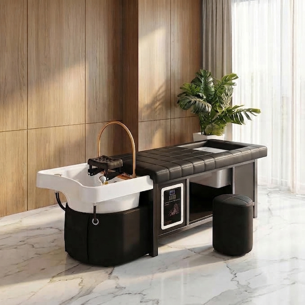 Gemini_Generated_Image_fywwttfywwttfyww โ Rapple Modern spa station with a white sink on a black base, copper curved faucet, cushioned black bench, plant, marble floor and wood-paneled wall.