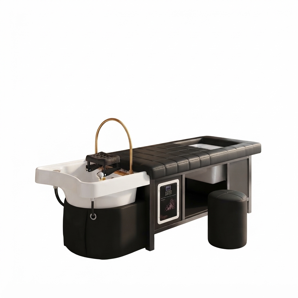 Japanese Hydro Spa Bed โ Rapple Spa pedicure station with a white basin, brass faucet, and black cushioned bench.