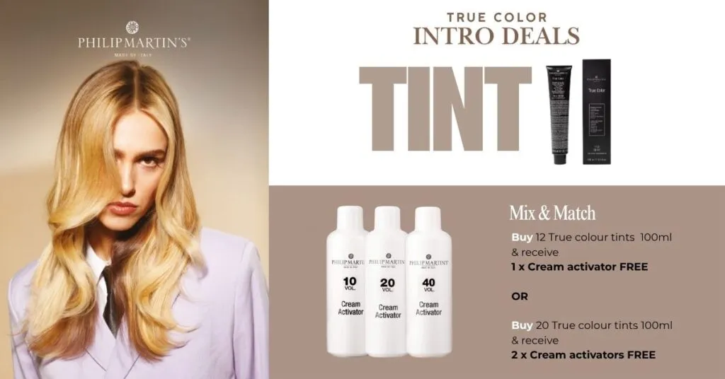 Philip Martins True colour deals – Rapple Philip Martin's True Color intro deals poster with tint tubes and 10, 20 and 40 volume cream activators