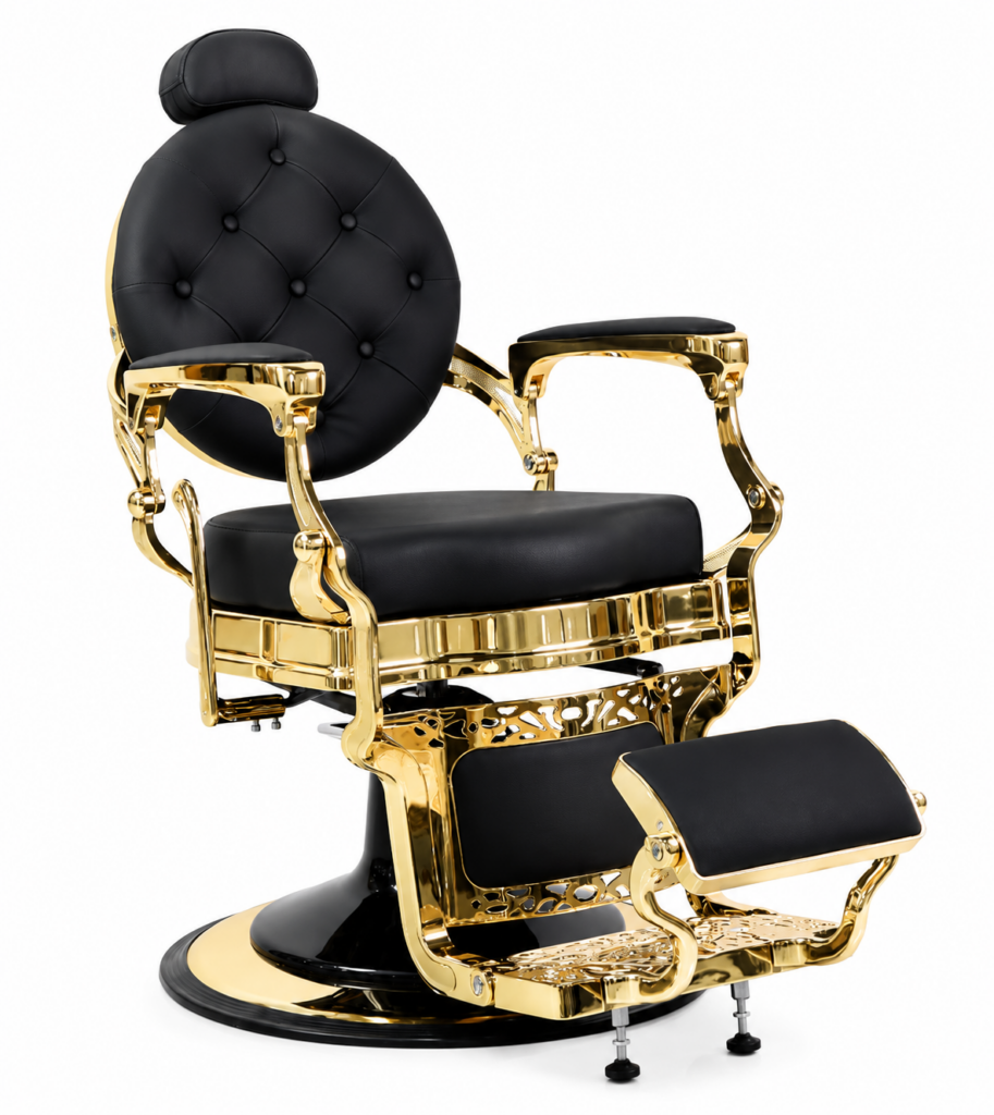 Luxurious gold-plated barber chair with tufted black leather upholstery and adjustable footrest.