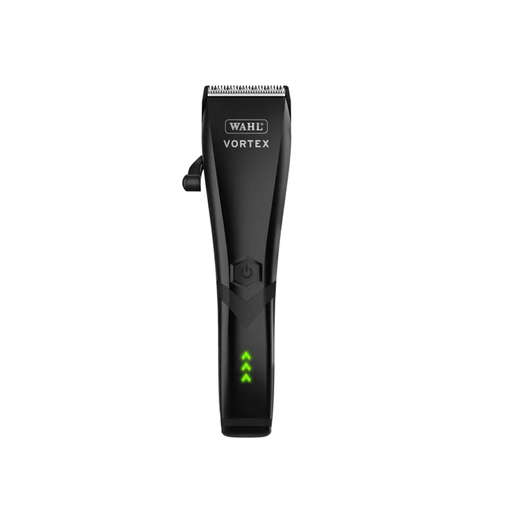 Wahl Vortex cordless hair trimmer in black with three green LED power indicators on the front edge of the handle.
