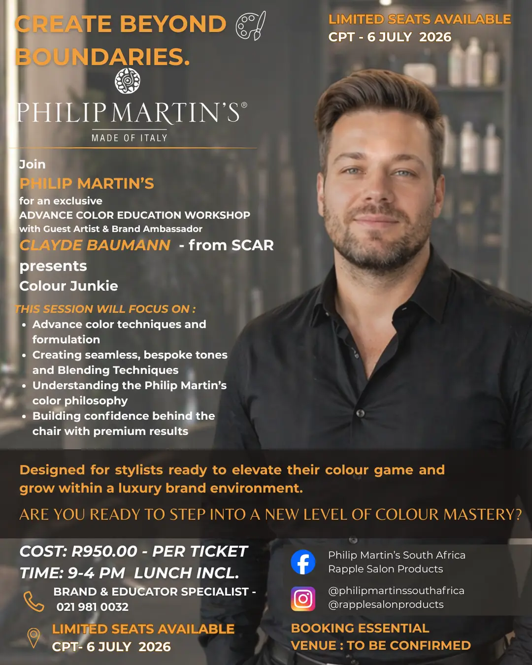 Clayde-6-July-CPT – Rapple Promotional poster for Philip Martin’s Advanced Color Education Workshop with Clayde Baumann; includes topics, date July 6, 2026, and contact info.
