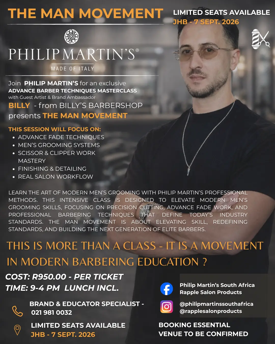 Billy-7-September-JHB – Rapple Promotional poster for 'The Man Movement' barber masterclass (Sept. 7, 2026, Johannesburg): portrait of a man in a black shirt on the right, with event details, topics, pricing, and social handles.