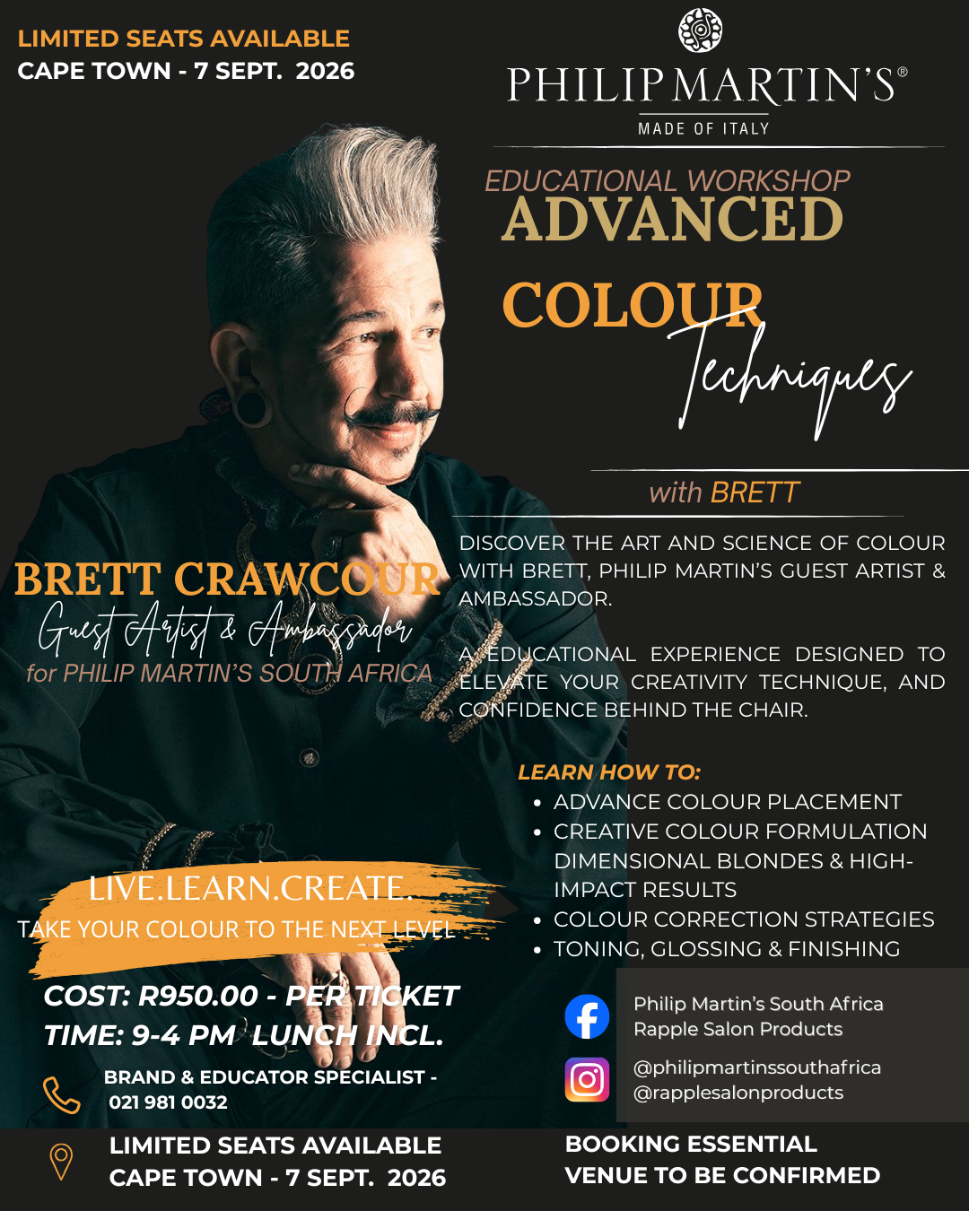 Brett-CPT-7-September – Rapple Poster advertising Phillip Martin’s Advanced Colour Techniques with Brett Crawcour in Cape Town, 7 Sept 2026; limited seats available, ticket price listed.