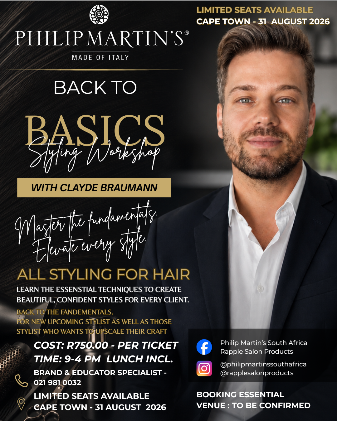 Clayde-CPT-31-August – Rapple Poster advertising the 'Back to Basics Styling Workshop' with Clayde Braumann; man in a suit on the right and gold text on a dark background.