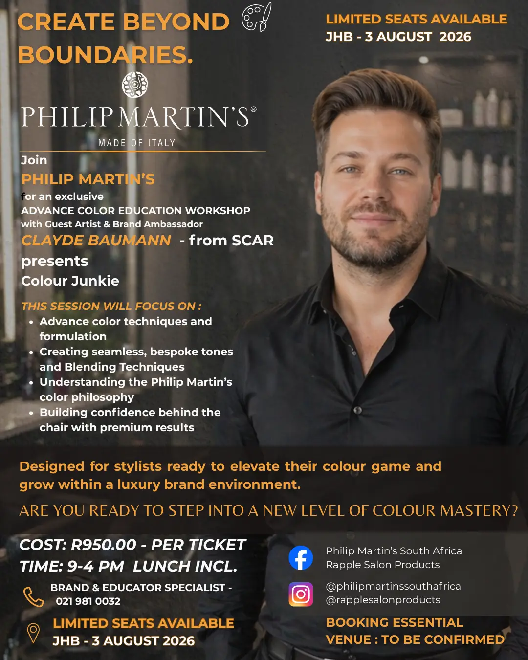 Clayde-JHB-3-August – Rapple Promotional poster for Philip Martin’s color education workshop in Johannesburg on Aug 3, 2026, featuring Clayde Baumann and limited seats.