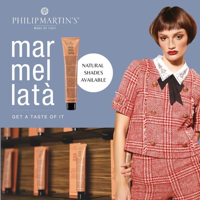 Ad for Philip Martin's hair color: tube image with a model in a red plaid outfit against a blue background, circle reads 'Natural shades available'.