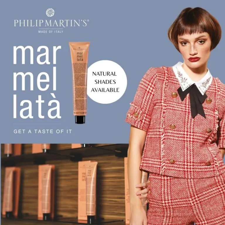 Ad for Philip Martin's hair color: tube image with a model in a red plaid outfit against a blue background, circle reads 'Natural shades available'.