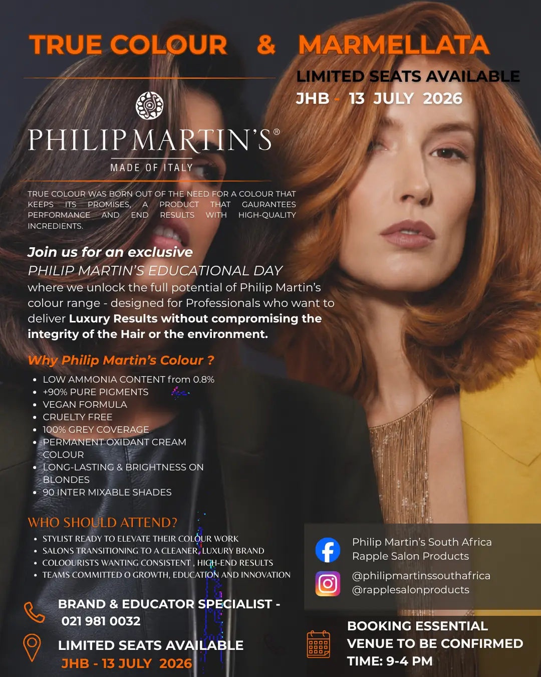 PM-Color-13-July-JHB – Rapple Poster for Philip Martin’s Colour & Marmellata event on 13 July 2026, featuring two women against a dark background with bold orange headings and event details.