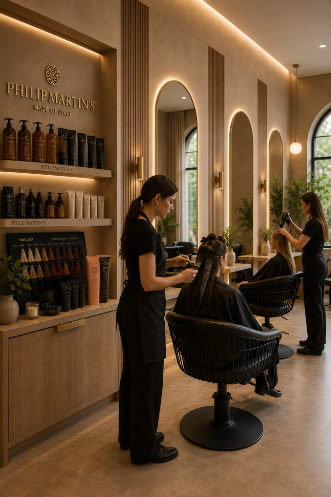 Luxurious hair salon interior with a stylist washing a client's hair in a black chair; product shelves and warm backlit mirrors along the wall.