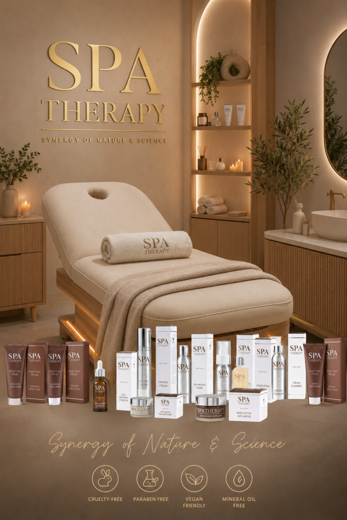 Spa treatment room with a padded bed, towels, and wooden shelves displaying products; warm, soothing lighting and 'SPA THERAPY' signage above.