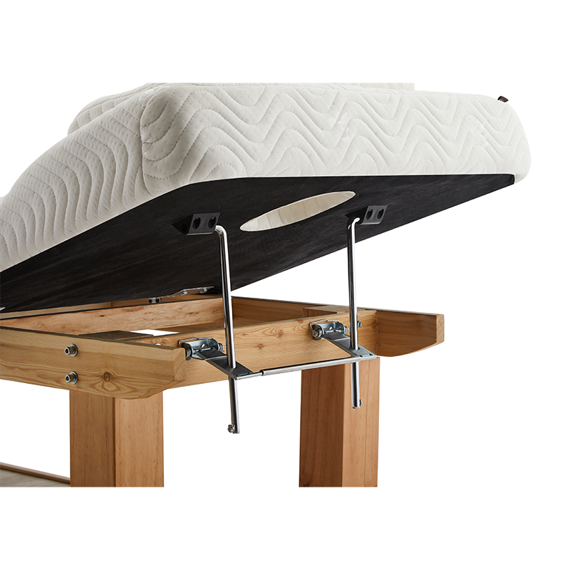 2-2png – Rapple Mattress on an adjustable bed frame raised by metal lifting supports mounted to a wooden base.Details show chrome legs and underframe hardware beneath the mattress.