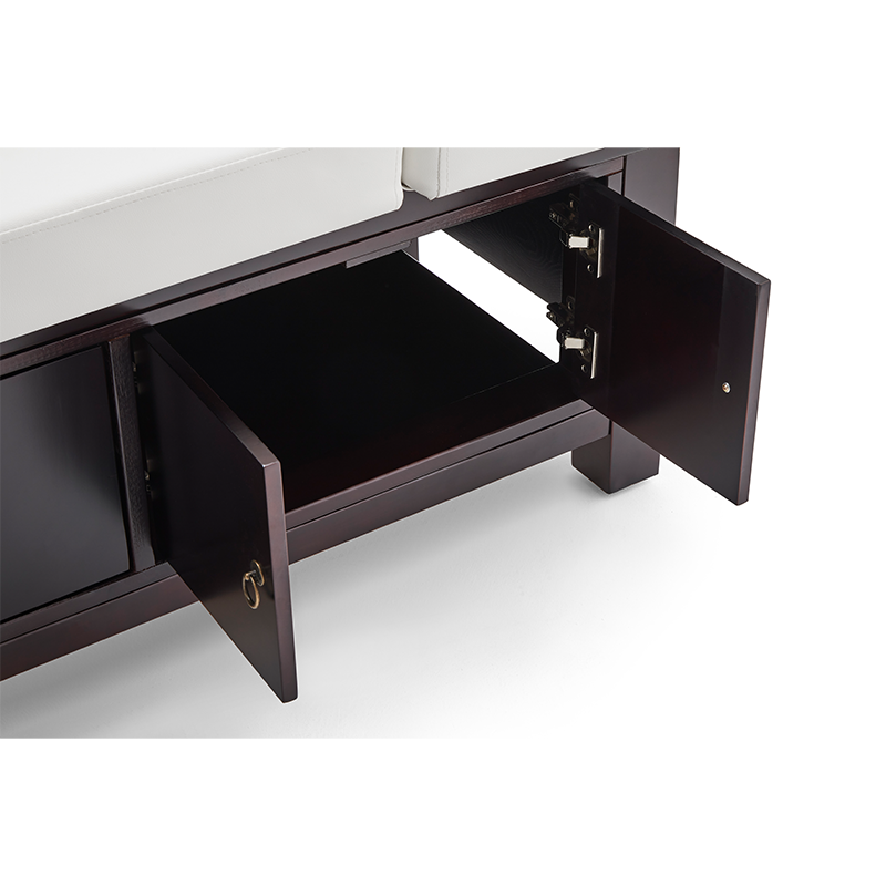 2png โ Rapple Dark wood sofa with two open storage drawers beneath the seat, showing ample inside space and hardware hinges/handles.