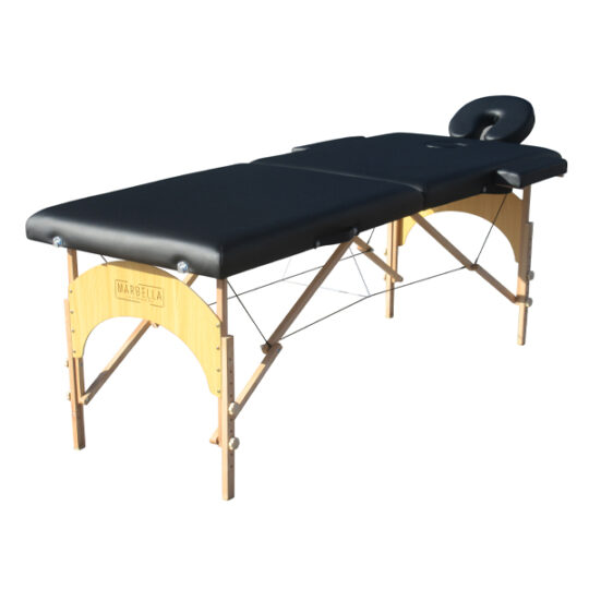 2_Part_Black_-_1-1jpg – Rapple Portable massage table with a dark padded surface, headrest, and wooden frame labeled Marbella.