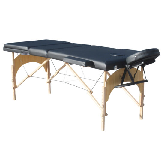 3_par_black_-_2-1jpg – Rapple Portable massage table with dark blue padded surface and wooden legs, featuring a face cradle at one end.