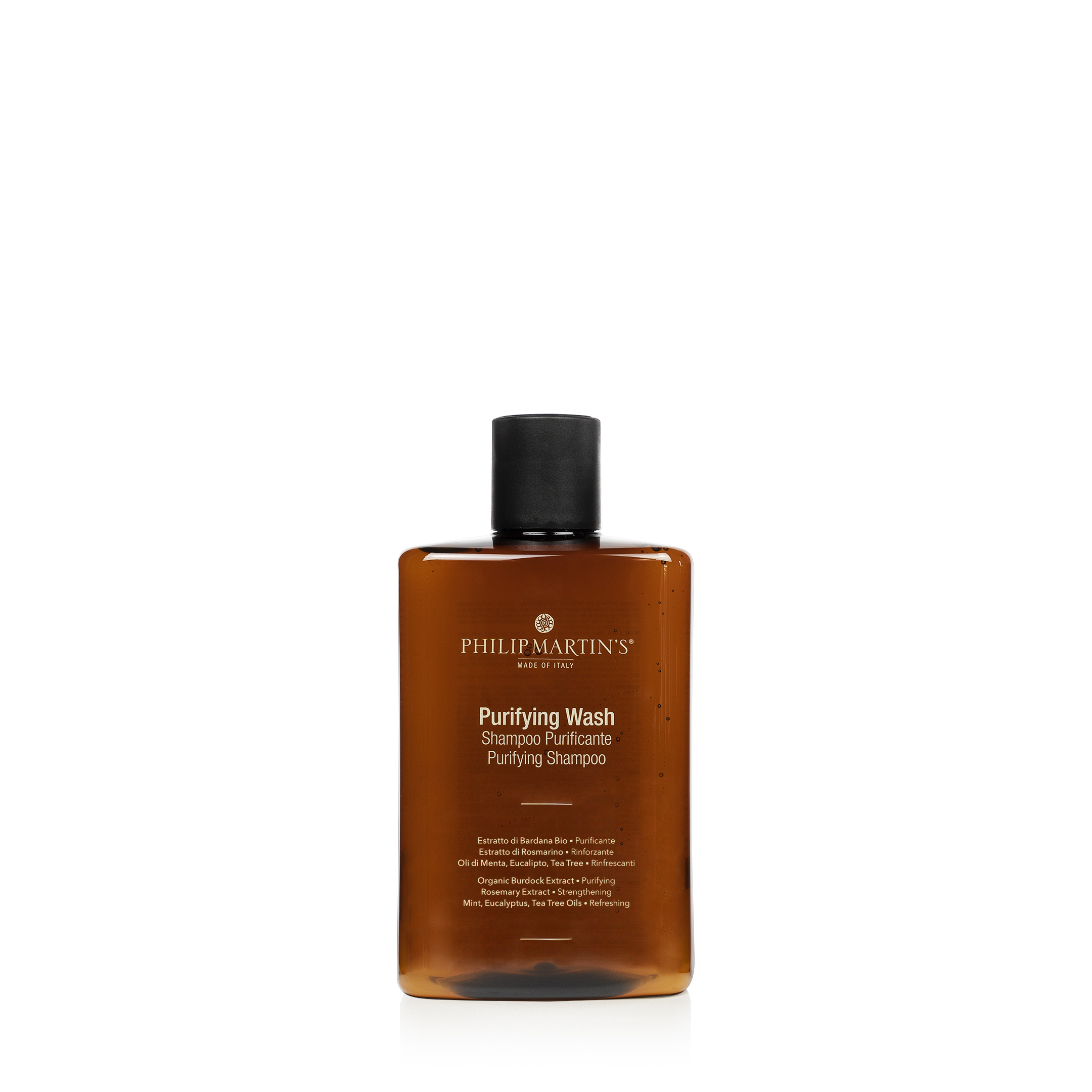 Philip Martins Purifying Wash 200ml โ Rapple Brown glass bottle of Philip Martin's Purifying Wash with a black cap and amber liquid visible through the label, product name on the label shows "Purifying Wash" (Shampoo Purificante).