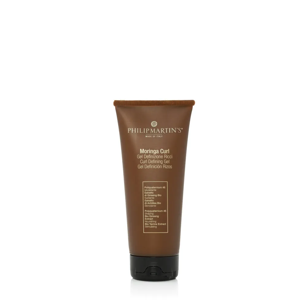 Philip Martin's Moringa Curl Gel tube on white background, brown packaging with Italian text, viewed from front.