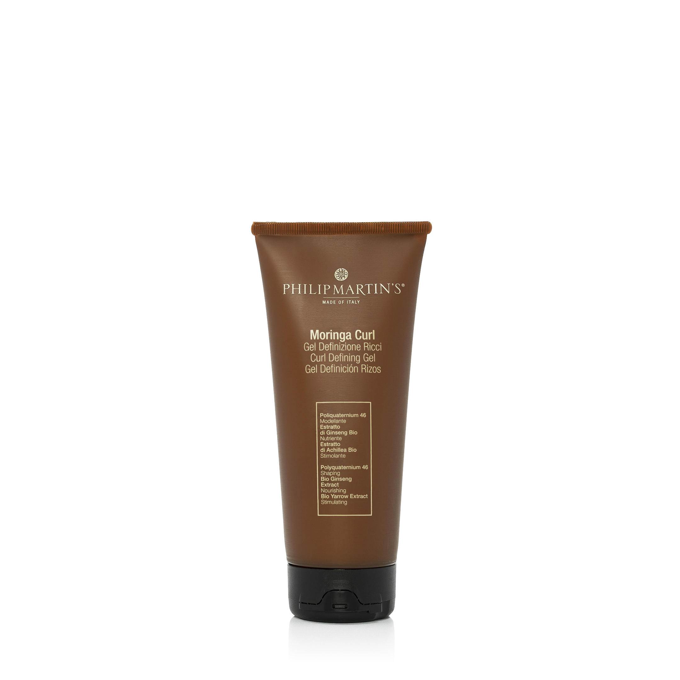 Philip Martins Moringa Curl Enhancer – Rapple Philip Martin's Moringa Curl Gel tube on white background, brown packaging with Italian text, viewed from front.